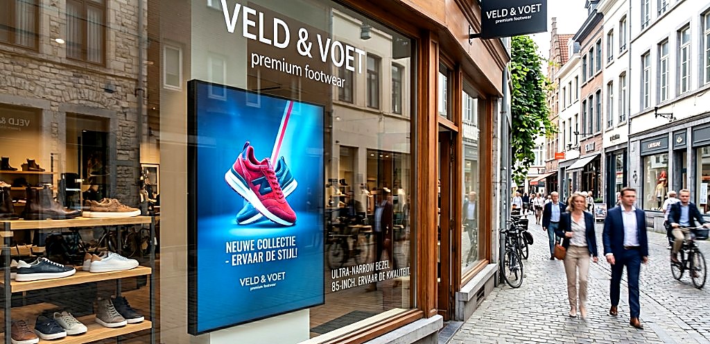 Professionele etalagemonitor in schoenenwinkel