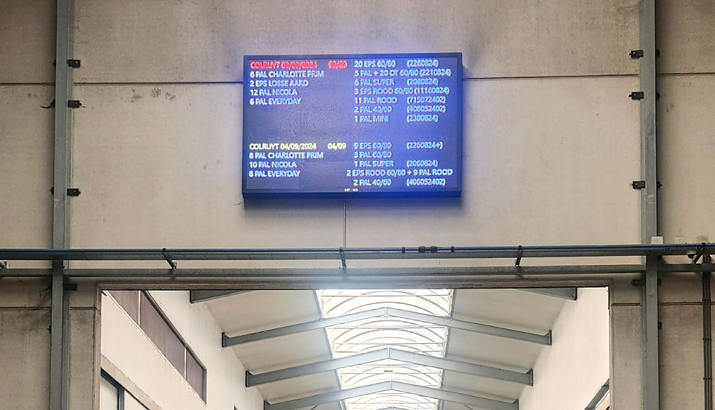 Informatiescherm in productiehal met procesinformatie